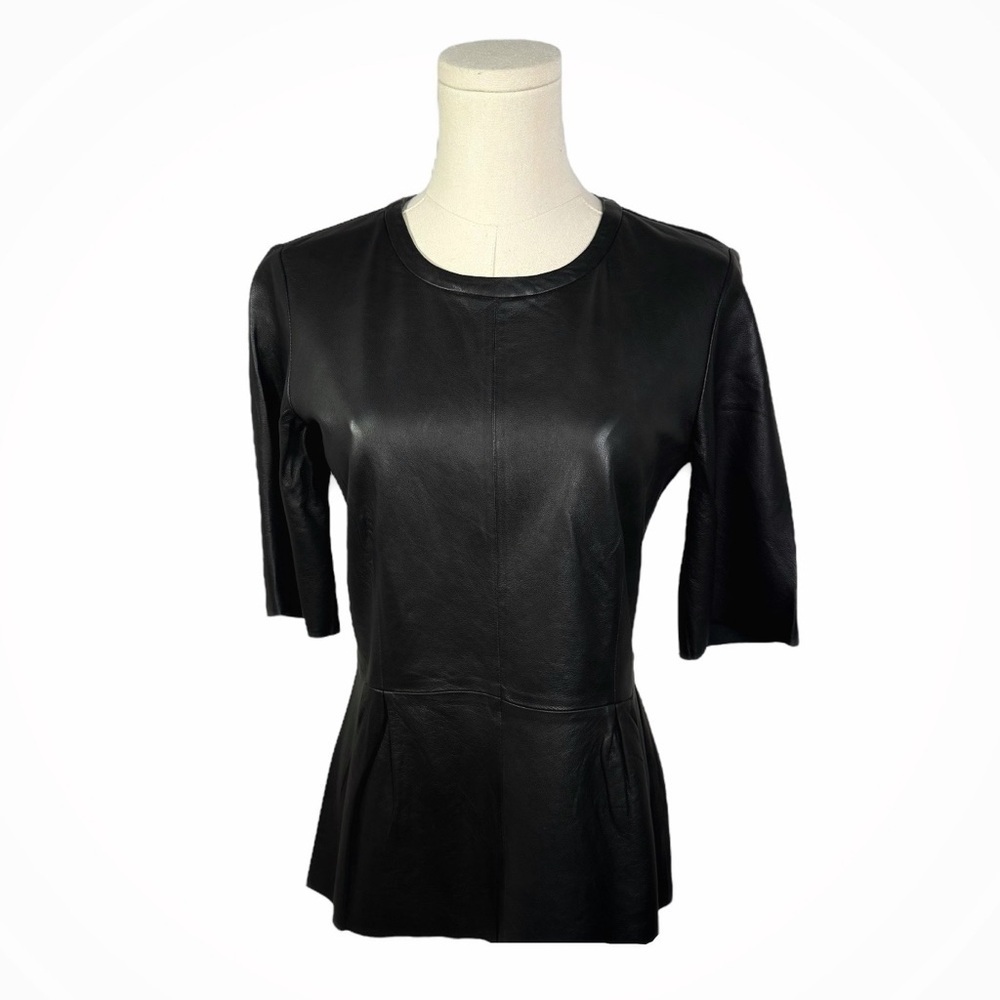 TROUVE ✘ Leather Shell Peplum Top Pleated Half Sleeve Cropped Zip Stretch Black - Picture 5 of 10